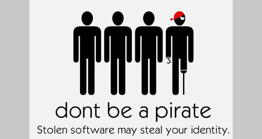 Image with the message stating that "stolen software may steal your identit".