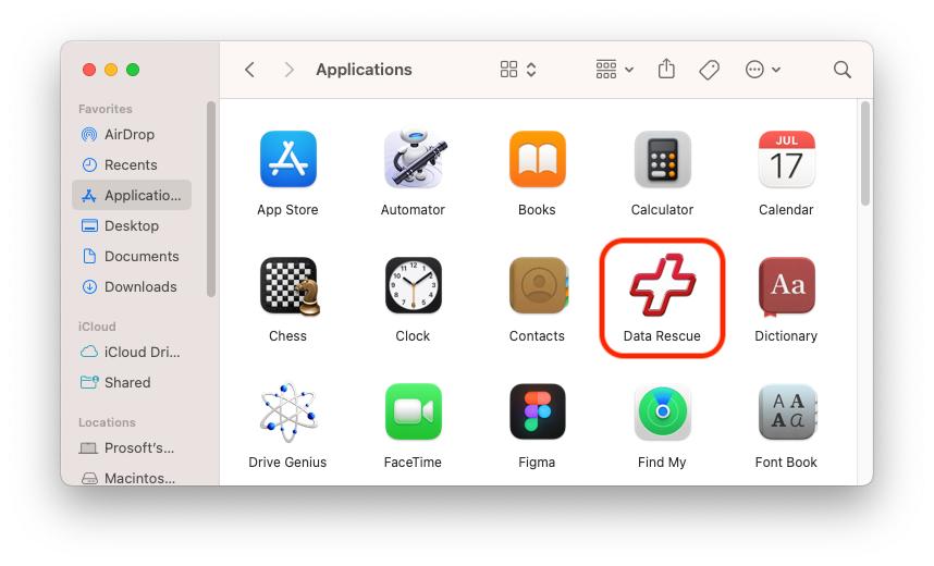 Selecting the Data Rescue App Icon within the Finder Application Folder